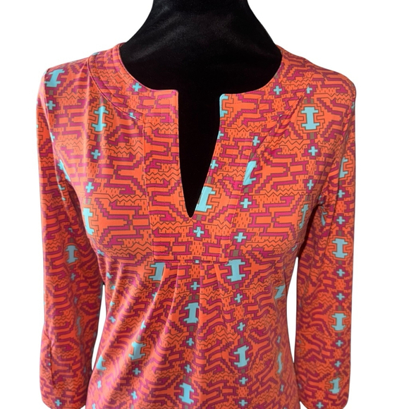 Ellie Kai XS Orange Turquoise Southwestern Geometric Stretch PERFORMANCE Dress - Picture 2 of 10